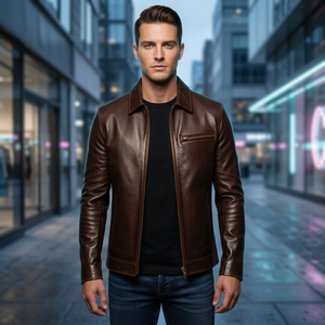 Veste en cuir marron pour homme, style décontracté, col rabattu, fermeture éclair, veste de motard - Product Image 1