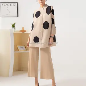 2022 New Miyake Pleated Coord Sets Women'S Stand Collar Single Breasted Polka Dot Top And Wide Leg Pants Two Piece Women'S Sets
