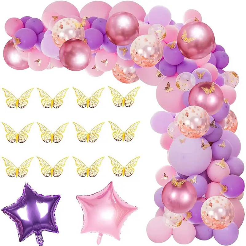 여자 생일 아기 샤워 풍선 장식 나비 테마 핑크 보라색 풍선 화환 색상 황금 나비 세트