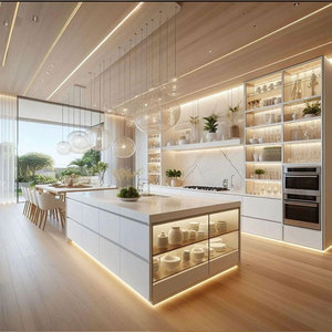 Armoires de cuisine modernes blanches, îlot de cuisine contemporain américain avec poubelle - Product Image 1