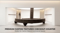 Kiosque de Magasin de Vêtements Minimaliste Tout-en-un : Comptoir de Caisse Rond en Marbre, Colonne en Béton, Portant à Vêtements en Métal, Free3D OEM