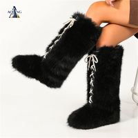 Bottines mi-mollet en fausse fourrure Y2K pour femmes, à lacets croisés, en fourrure moelleuse, bottes d'hiver pour la neige