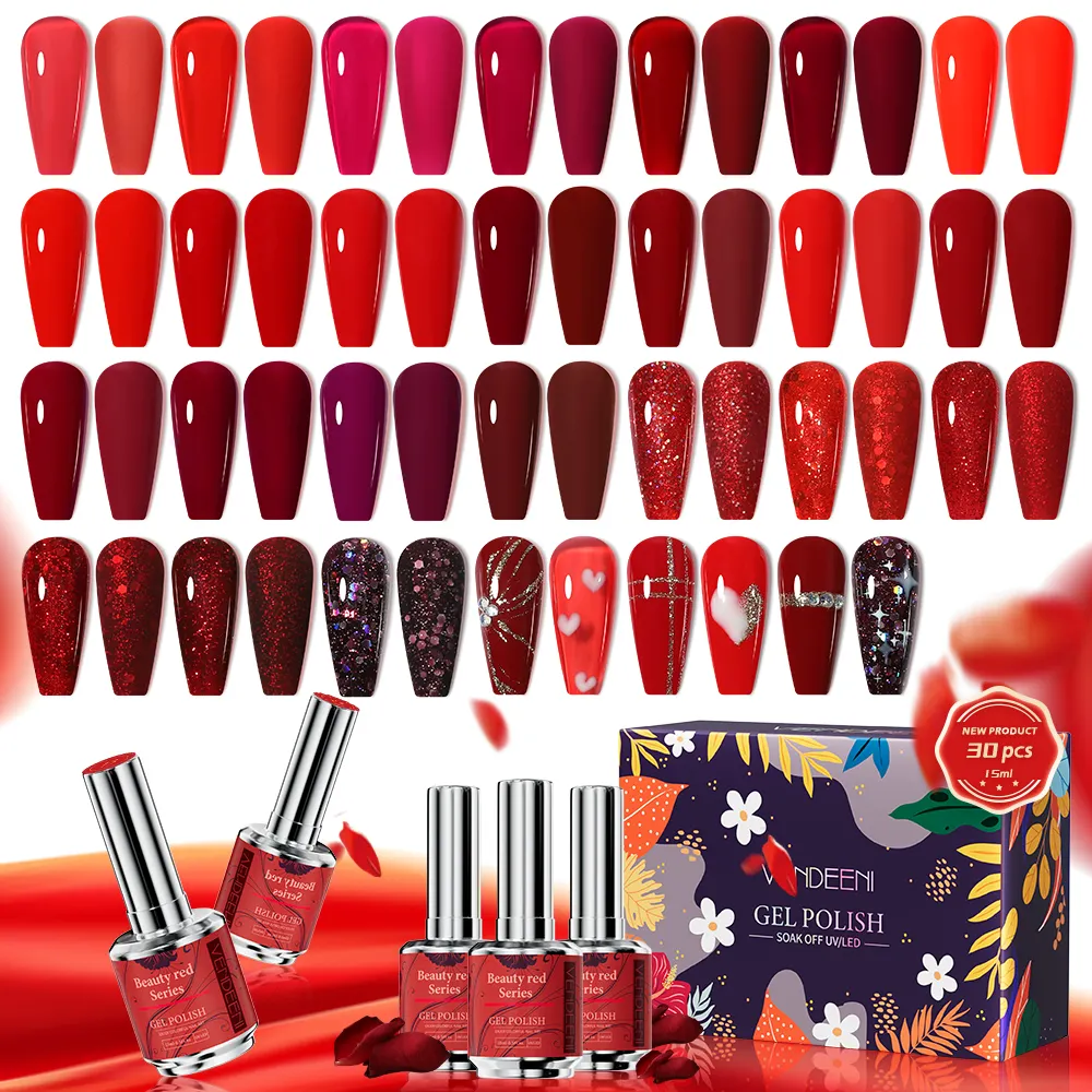 Vendeeni 30 couleurs de gel uv set de vernis à ongles de couleur unie set de vernis à gel 15ml boîte de vernis gel sans hema avec logo personnalisé