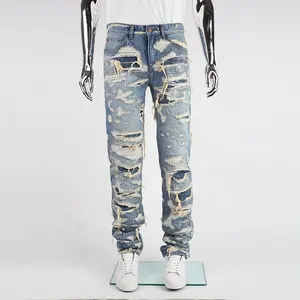 Edge Denim bordir modis Jeans cetak perak minyak foil kustom sobek biru muda untuk pria
