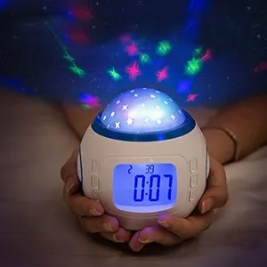 Jam proyektor LED anak, latihan tidur, LED lucu, Meja & Alarm meja dengan tampilan suhu Snooze, jam proyektor, pemutar musik, jam proyeksi