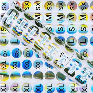 Stiker ukuran holografis kustom XS/S/<span class=keywords><strong>M</strong></span>/L/XL/2XL/3XL Label perekat antiair untuk kemasan garmen - Product Image 1