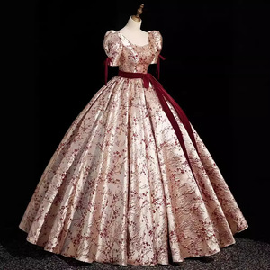 Evening Gown Ball Gown Floral Print Square Collar Claret Polyester Reunion Party Dress - Product Image 4