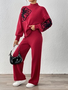 Maglione Pullover con maniche a lanterna ricamate con nastro da donna di fabbrica e pantaloni Casual a gamba larga Set di due pezzi all'ingrosso personalizzato - Product Image 5