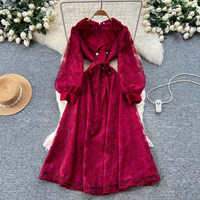 Robe élégante pour femmes WIWT, bleu, dentelle brodée, coupe évasée, col en V, manches longues lanternes, ceinture à nouer, robe midi décontractée pour tous les jours