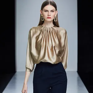High-end Women Champagne Breathable Batwing Sleeve Silk Top