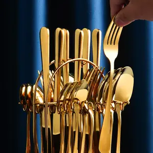 Роскошные золотые наборы столовых приборов из нержавеющей стали из 24 предметов с подставкой для 6 человек