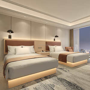 Inexpensive Commercial 3 Star Hotel <b>Twin</b> Bedroom Furniture Sets Solid Wood <b>Bed</b> <b>Frame</b> with Upholstered Headboard & Nightstands - Product Image 1
