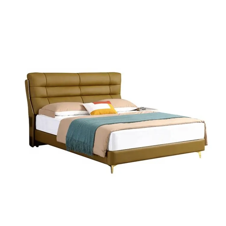 Tempat tidur kulit Modern, set tempat tidur mewah ukuran King, bingkai kayu Solid, desain bingkai tempat tidur kulit ganda 1.8 m