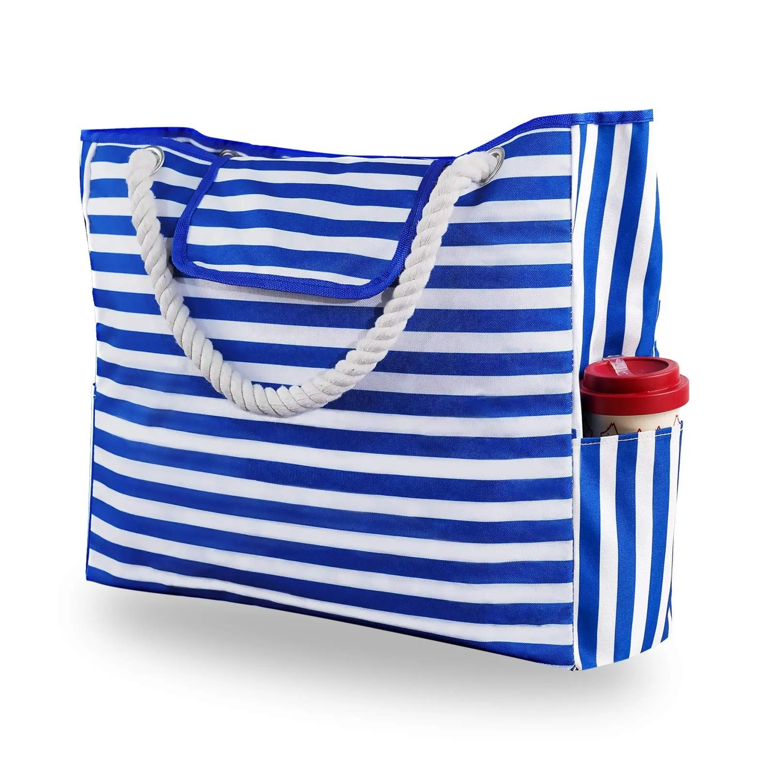 Factory hot sell wholesale outdoor black striped canvas rope handle women's tote beach bag