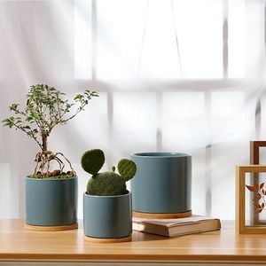 3 "4" 5 "Pots de fleurs en céramique <span class=keywords><strong>pour</strong></span> <span class=keywords><strong>plantes</strong></span> avec trou de drainage et soucoupe Jardinières d'extérieur <span class=keywords><strong>pour</strong></span> patio Pot de fleurs Plateau en <span class=keywords><strong>bois</strong></span> de bambou - Product Image 4