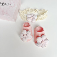 Produits pour bébés, style coréen, nœud 3D à cinq pétales, bandeau doux, chaussettes, ensemble cadeau pour enfants et tout-petits, couleurs pastel macaron