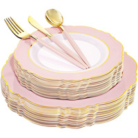 Assiettes jetables en plastique de luxe pour mariage, diamètre 7,5/10,25 pouces, bord rose doré, design moderne minimaliste, réutilisables