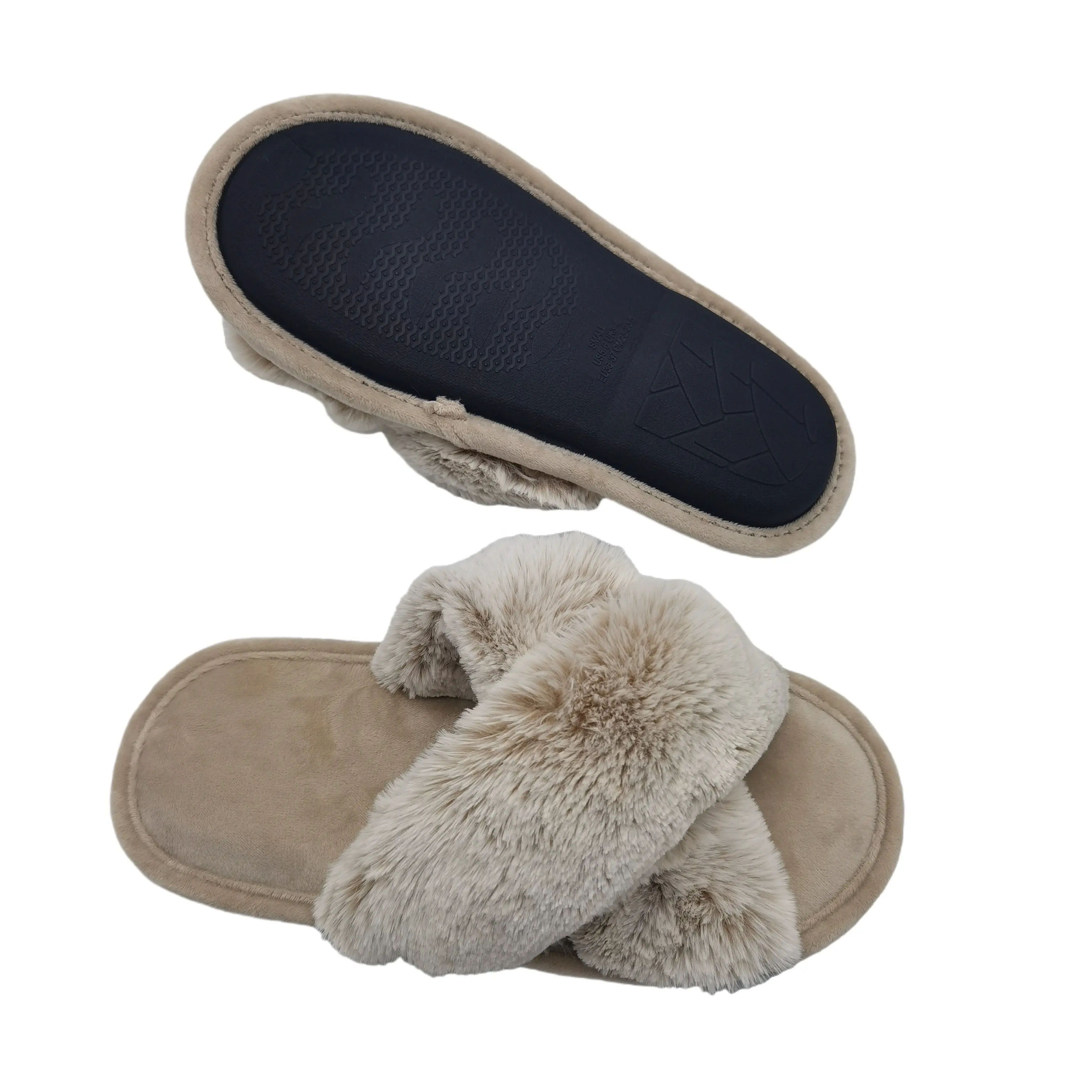 customized indoor slippers faux fur Winter Plush Furry Cross Band Open Toe TPR outsole Warm house bedroom Slippers for women
