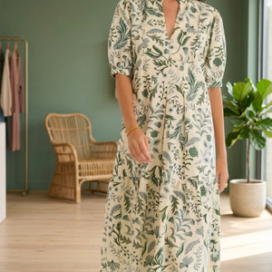 Robe midi décontractée pour femme, style soirée, en coton 100% blanc cassé à imprimé floral, avec broderie et taille naturelle - Product Image 2
