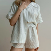 Ensemble de pyjama d'été personnalisé pour femme, motif à carreaux, taille élastique, manches courtes, en crêpe de coton, chemise de nuit à revers en crêpe, pour la maison