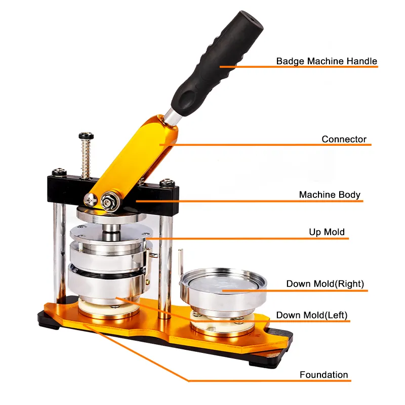 JMB-QJSXZJ Gold alle Metall knopf herstellungs maschine 44mm/1,73 Zoll Form abzeichen herstellungs maschine Abzeichen herstellungs maschine