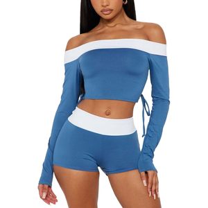 Ensemble crop top et short personnalisé 2026 pour femme, épaules dénudées, manches longues, contraste bleu et blanc, laçage, tenue de sport - Product Image 3