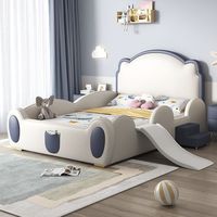 Lit d'enfant moderne et mignon avec toboggan et rangement, cadre de lit rembourré doux avec barrière de sécurité pour garçons et filles