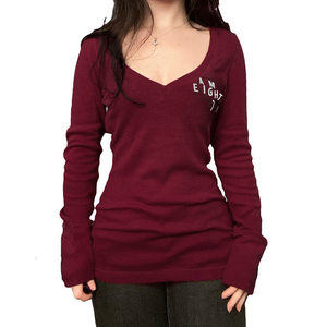 Camiseta de Manga Larga con Estampado de Letras Estilo Urbano Americano para Mujer, Color Sólido, Corte Ajustado, Informal, Básica - Product Image 1