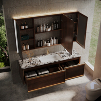 Meuble-lavabo flottant de luxe italien en bois massif, avec comptoir en marbre et lavabo intégré, et armoire miroir LED intelligente anti-buée