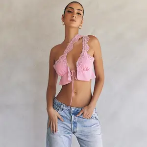 Top corto de moda para mujer, diseño Sexy personalizado Oem de fábrica, Top flotante rosa
