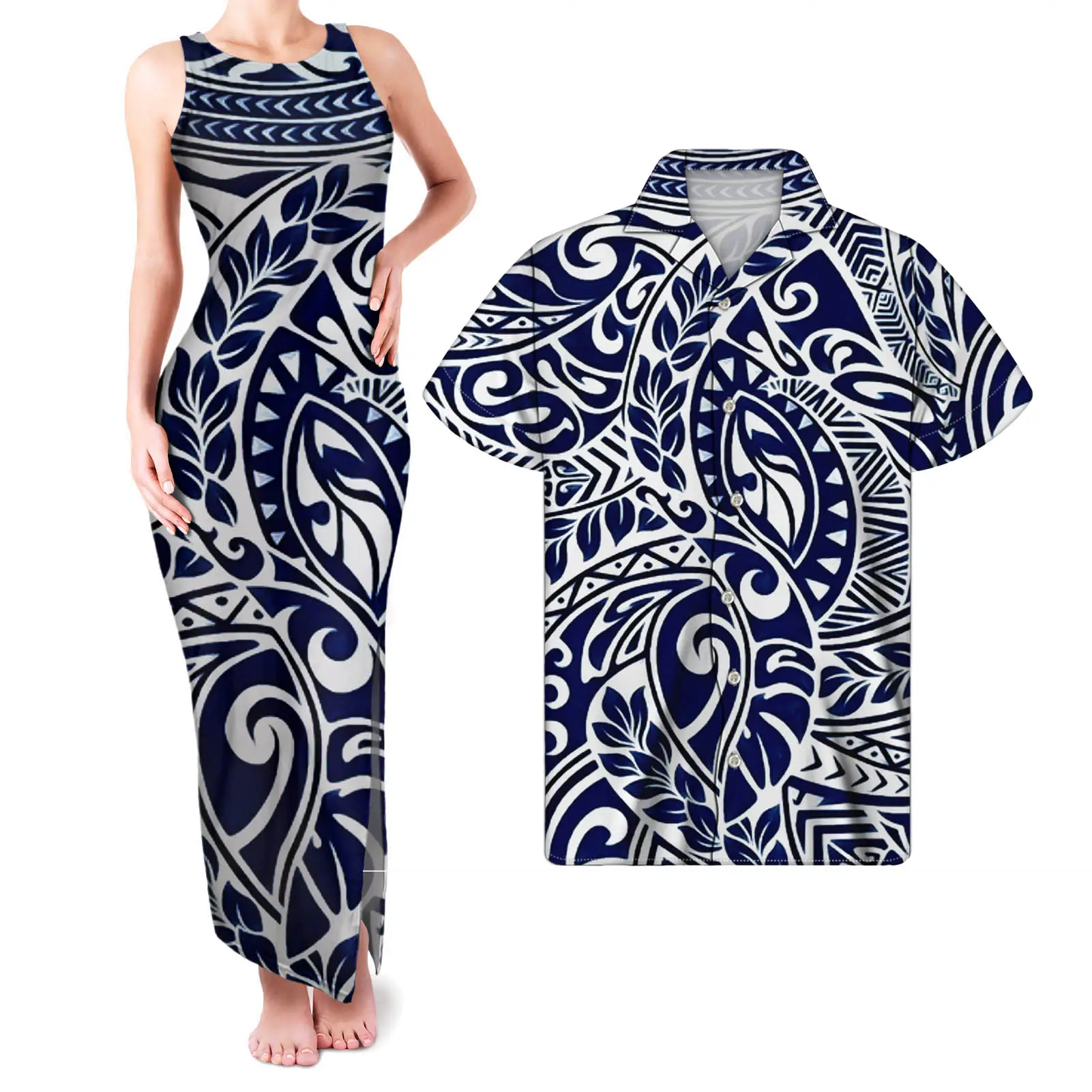 Women Sexy Sleeveless Royal Blue Evening Dresses Polynesian Print Plus Size Latest Couple Clothes