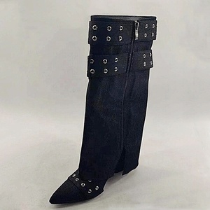 Black Denim Buckles Trendy Short Overlay Booties High Wedge Heel Mid-Calf Shaft <b>Boots</b> for Women Pointy Toe Shoes - Product Image 6