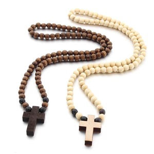 8mm Brown <strong>Beige</strong> Wooden Rosary Men's Cross Necklace Wood Beaded Rosary Necklace Bracelet Set