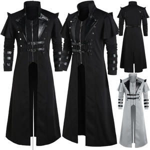 Costume d'Halloween médiéval steampunk d'assassin, <span class=keywords><strong>elfes</strong></span>, pirates, pour homme adulte, veste longue fendue vintage noire, armure gothique, manteaux en cuir - Product Image 1