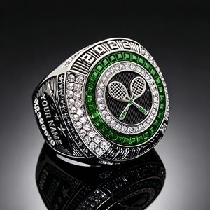 Anillos de Campeonato de Porristas Personalizados de Alta Gama, Venta al por Mayor de Fábrica, Anillos Simples y Portátiles en Verde y Plata - Product Image 1