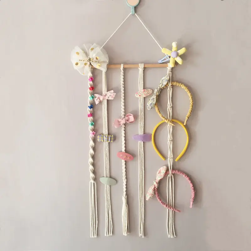 Macrame suporte de arco de cabelo para meninas, cabide organizador de grampos de cabelo e laço para meninas