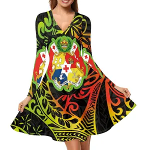 Toptan özel V boyun kadın elbise polinezya dövme Tongan tasarım uzun kollu abiye ucuz Midi etekler yüksek kalite
