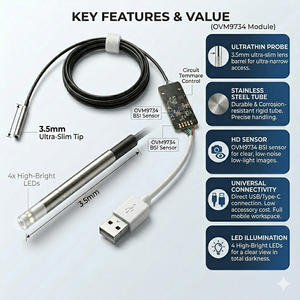 โมดูลกล้อง USB แบบท่อขนาด 3.5 มม. รุ่นบางพิเศษ OVM9734 กล้องตรวจสอบอุตสาหกรรมความละเอียด 720P HD พร้อมไฟ LED 4 ดวง สำหรับการทดสอบเครื่องจักรที่มีความแม่นยำสูง - Product Image 1