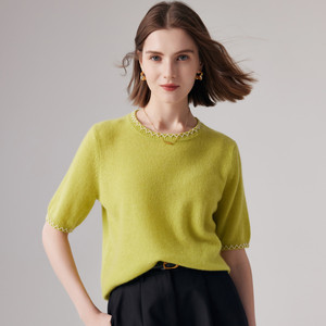 Women's Casual Solid Color 100% <strong>Cashmere</strong> Short Sleeve Pullover Sweater Spring Season Base Shirt Knit Tops