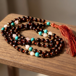 Collar de cuentas Mala de bronzita para hombre, 108 cuentas de turquesa africana y cuarzo rosa, atado a mano, para meditación y yoga - Product Image 5