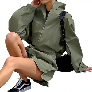 Ensemble de sport gris 2 pièces pour femme : veste à col montant zippée et short, coupe ample, séchage rapide, style sportif printemps-été - Product Image 5
