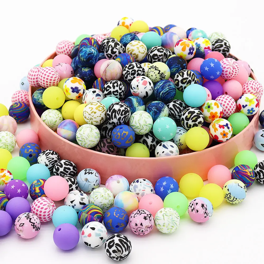 Custom Printed DIY Silicone Teething Chew Bead For Jewelry Bracket 9mm 12mm 15mm Silicone Beads