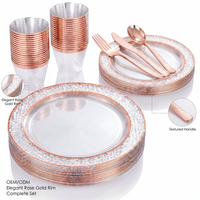 Ensemble d'assiettes en plastique or rose, assiettes jetables avec bordure or rose, élégantes et résistantes, pour mariage et fêtes