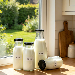 Bouteilles en verre vides réutilisables pour café et lait, 200ml, 250ml, 300ml, 500ml, 1000ml, avec couvercles en métal noir, prix de gros abordable - Product Image 1