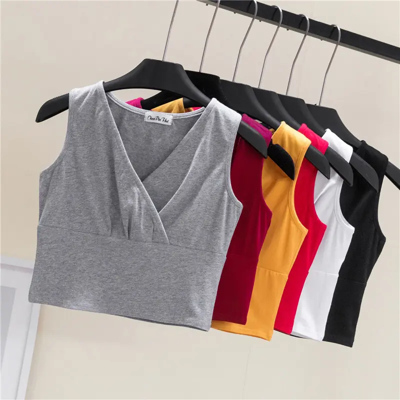 Custom Fashionable Designing Style Crop Top Sexy Deep V Neck Summer Women's Tank Tops T Shirt Sleeveless Crop Top for Lady