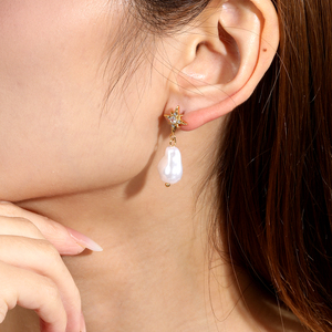 Wholesale 18K Gold Stainless Steel Star Rhinestone <b>Stud</b> <b>Earrings</b> Irregular Baroque Pearl Dangle Drop <b>Earrings</b> Women Fashion Jewe - Product Image 1