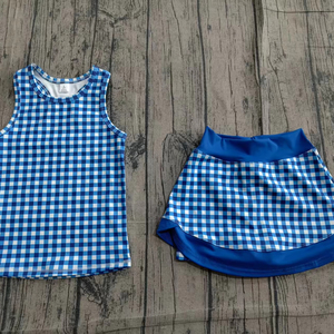 Ensemble jupe de yoga en gros, robe d'été pour bébé fille, longueur genoux, imprimé à carreaux bleus, sans manches, respirante, GSD3652 - Product Image 1
