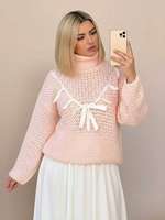 Pull tendance en dentelle à nœud papillon anti-rides rose automne pour rendez-vous romantique, fête d'anniversaire, pull à col roulé en tricot doux