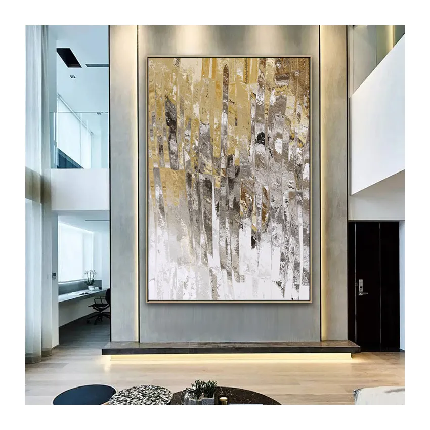 Handpainted ekstra büyük duvar sanat dekoru Modern sanat akrilik altın folyo soyut yağlıboya tuval üzerine