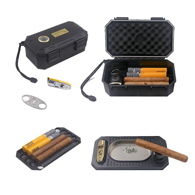 तीन परत उपहार सेट कस्टम सिगार ट्रैवल कैरीइंग केस सिगार सहायक उपकरण किट बॉक्स सिगार ह्यूमिडोर कटर के साथ